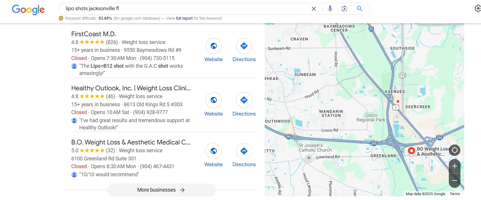 Top local search rankings for lipo shots, Jacksonville FL